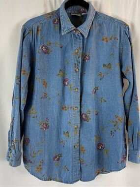 Cabin Creek Light Blue Denim Shirt with Purple Floral Print Size: M 100% cotton